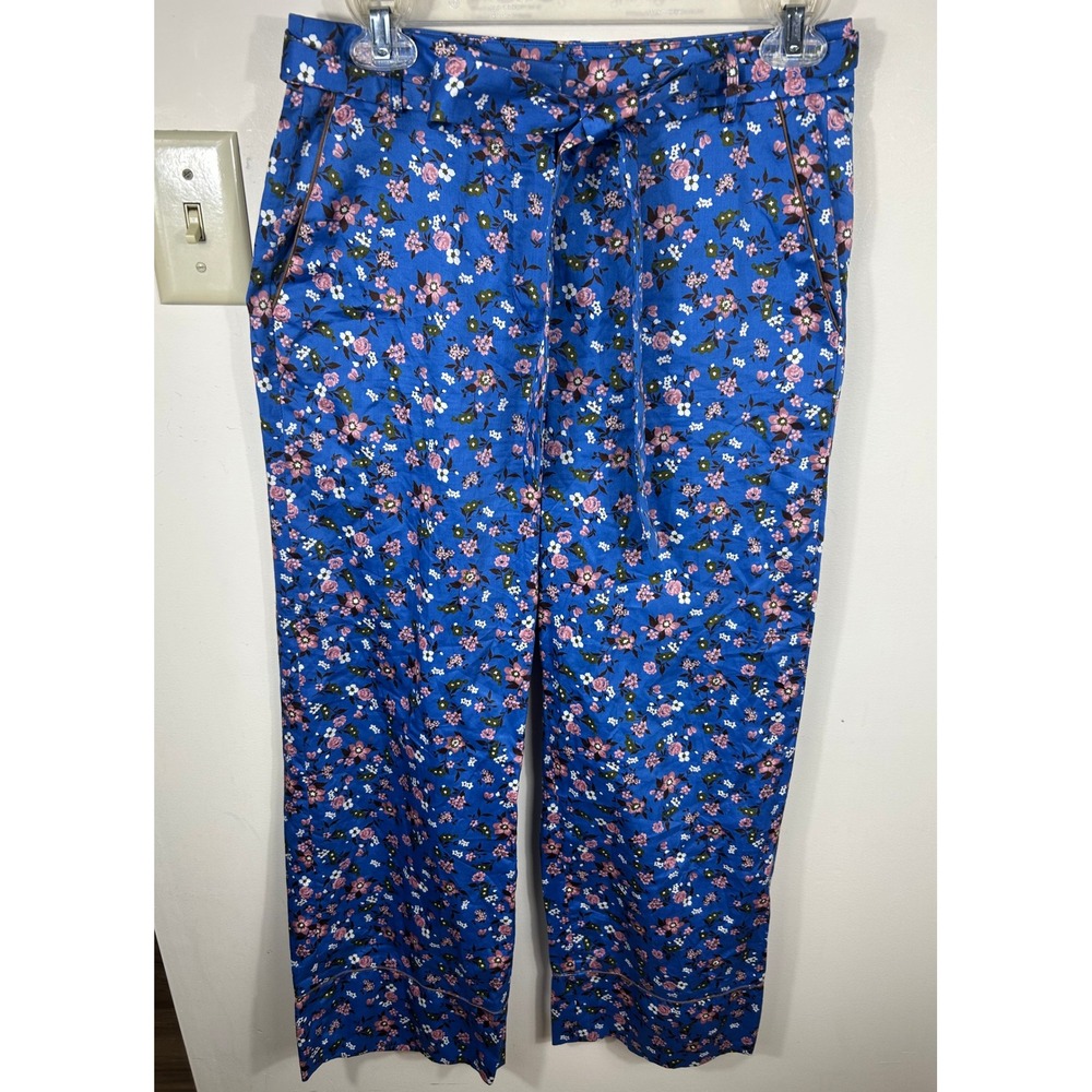 Brooks Brothers Red Fleece Pants Womens 2 Blue Floral‎ Wide Leg Tie Waist Cotton